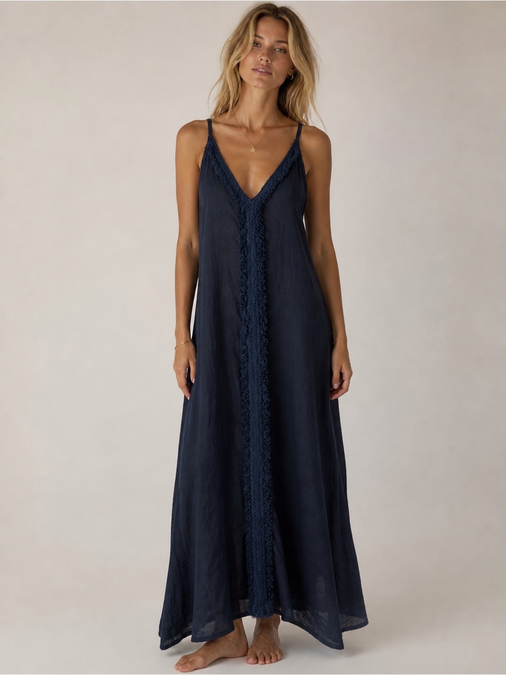 Meo Meli Linen Maxi Dress Small Navy Fringe Lagenlook Boho Flowy Beachy Coastal